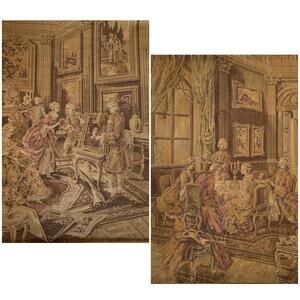 Antique French Social Gathering Depict Wall Hanging Tapestry Set of Two 26”x31”